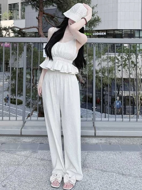 East Gate New Arrival EA012 Gentle Pure Desire Summer Slimming Waist Cinched Strap Casual Pants Two Piece Set High Waist V Neck