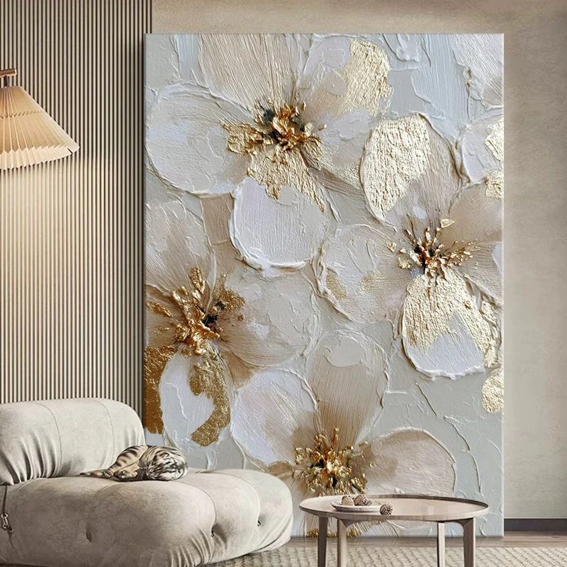 Bellissimo quadro astratto dipinto a mano con grandi fiori dorati, su tela, per soggiorno, camera da letto, decorazione per la casa