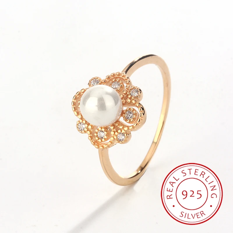 

Elegant Genuine S925 Silver Imitation Pearl Champagne Color Hollow Flower Women's Ring