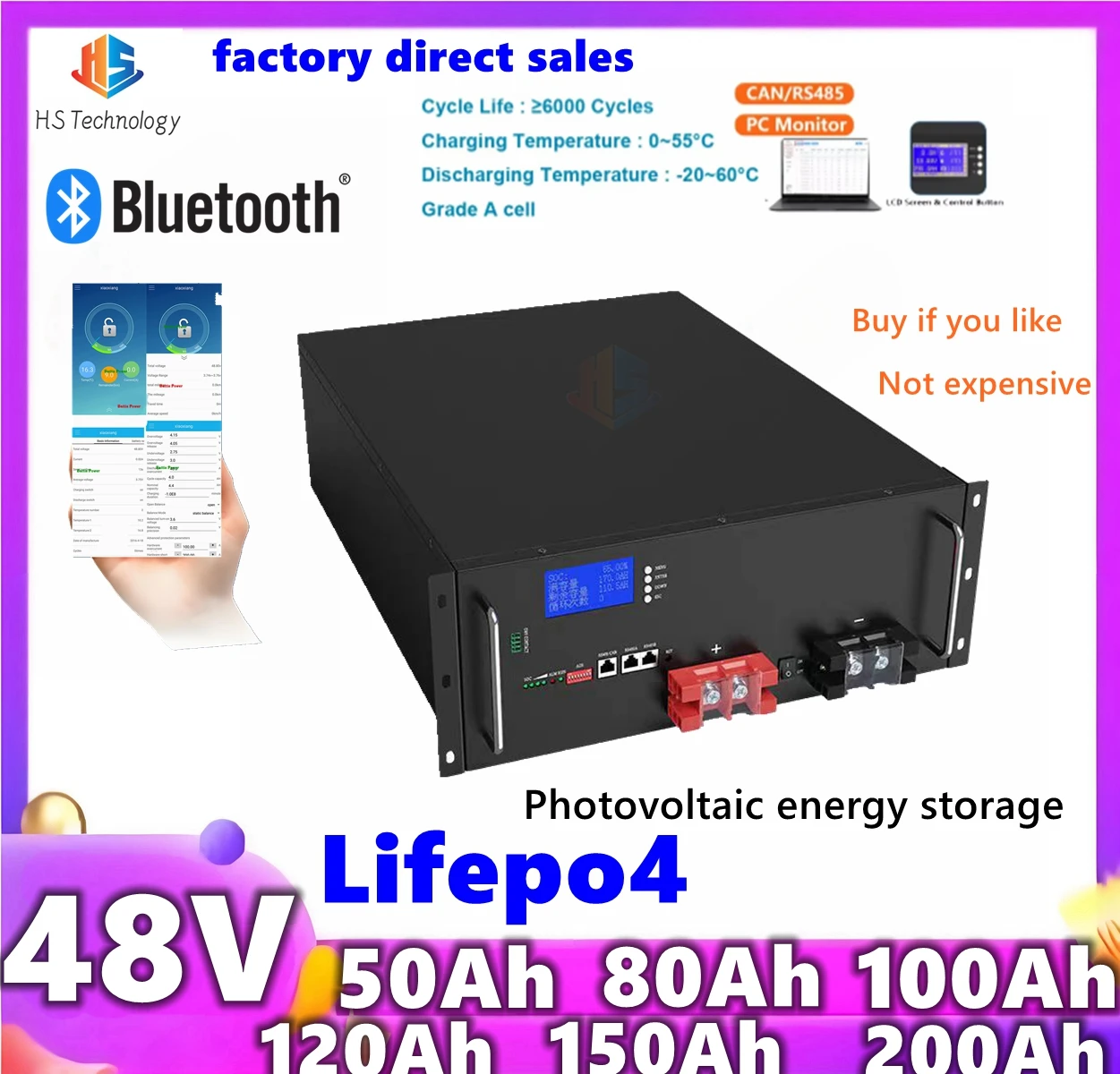 photovoltaic 48V50Ah 100AH 120Ah 150Ah 200Ah Lifepo4  battery lifepo bluetooth for solar system hybrid inverter 2000W 5000W 10KW