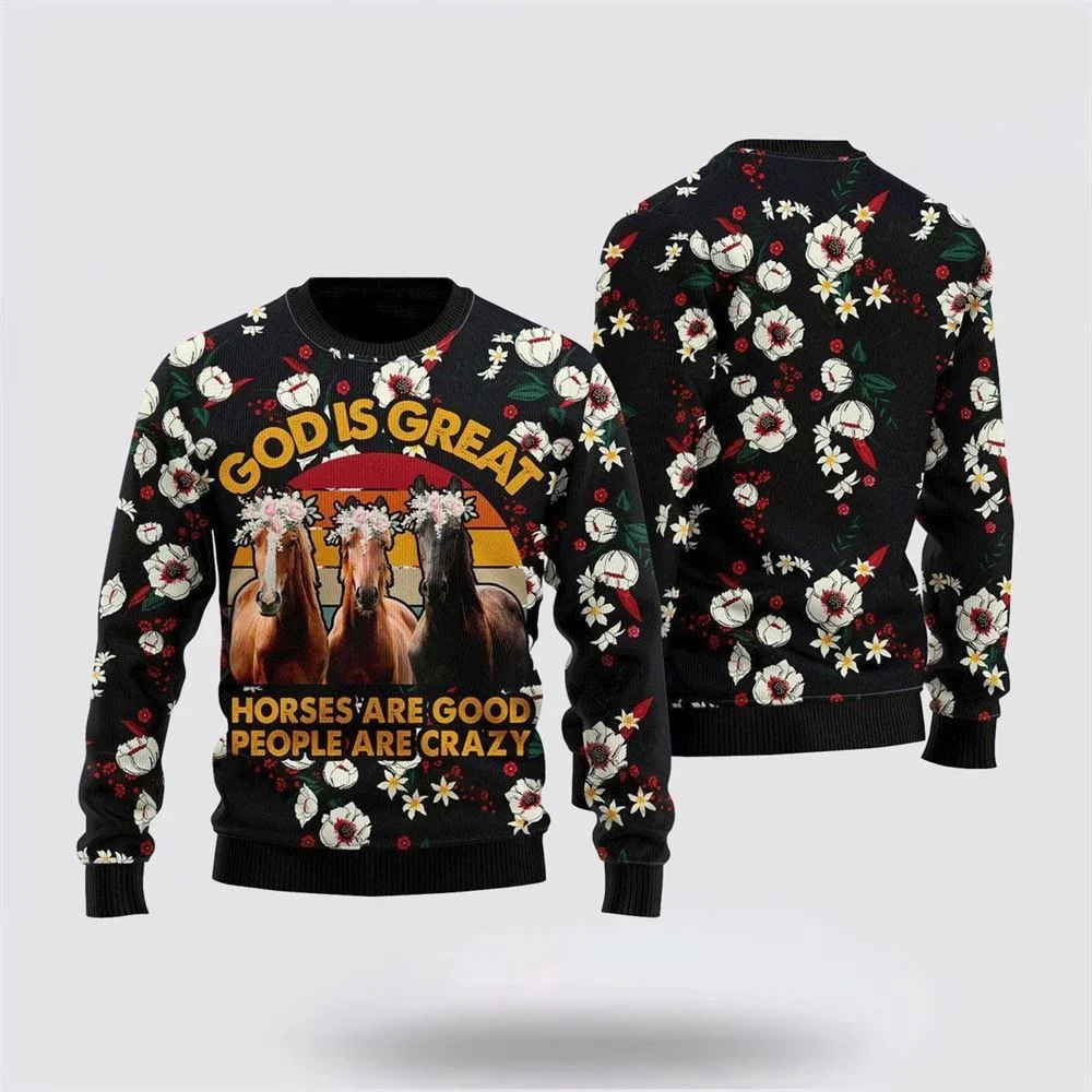 

PLstar Cosmos Cowboy Santa Claus Horse 3D Printed Men's Ugly Christmas Sweater Winter Unisex Casual Warm Knitwear Pullover MY24