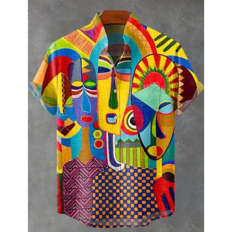 2025 Men's Summer Linen New Geometric Line Pattern Linen Short Sleeved Shirt For Comfortable And Casual men's Top