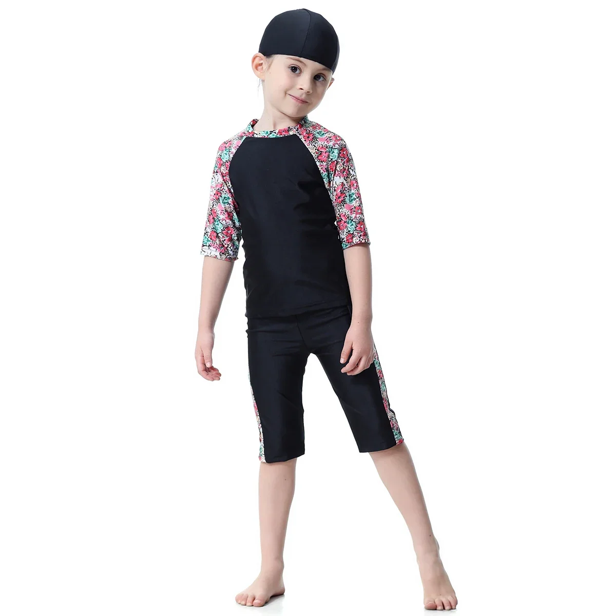 Fashion Muslim Swimwear Burkini for Girls Baby Children Teens 1-16Y Sides Floral Printing Quick Dry Islamic Swim Clothes Suit