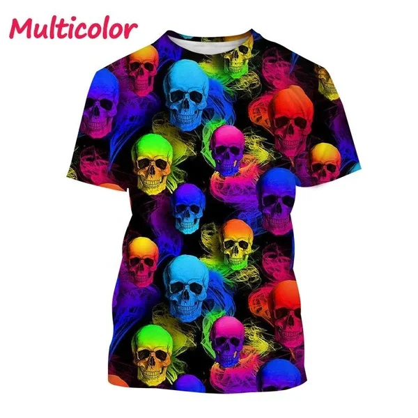 Dark Horror Skull Print T-Shirt Round Neck Short Sleeve Fashion Gothic Skull 3D Print T-Shirt Men's and Women's Casual Top