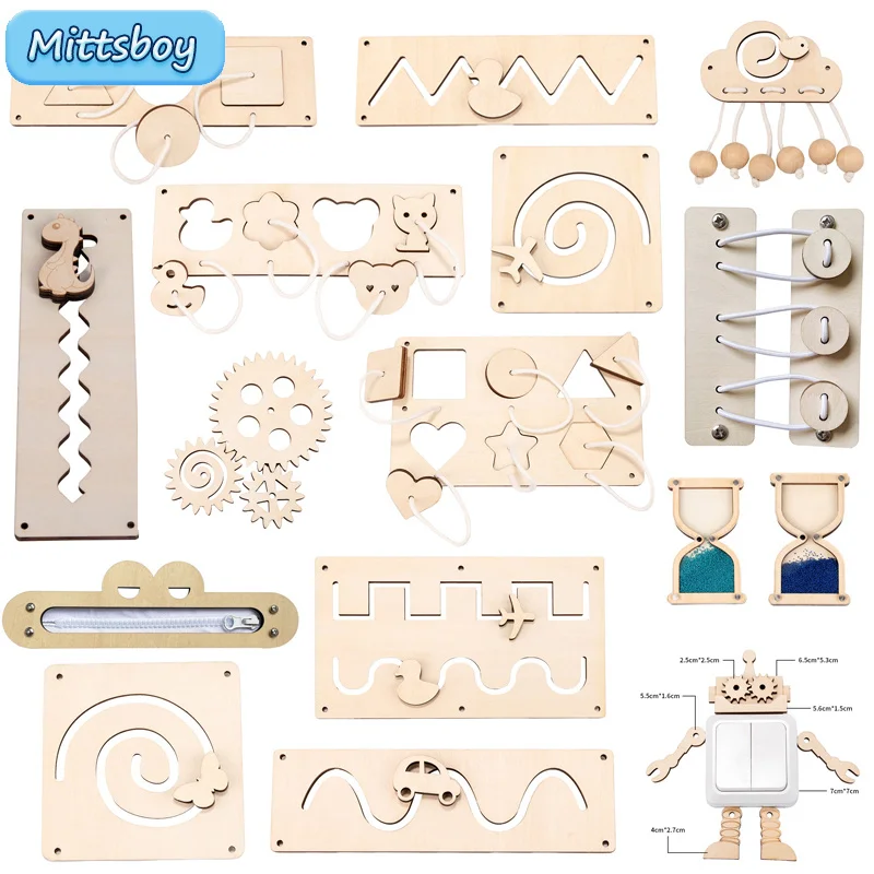 Baby Montessori Busy Board DIY Wooden Elements Parts Accessoires for Kids Baby Education Hourglass Shoe Maze Gearsbrain game Toy