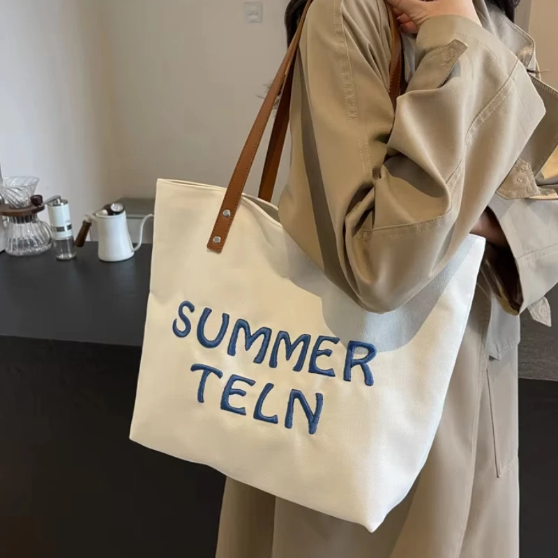 

College Girls Female Tote Summer Letter Embroidery Ladies Travel Handbags Simple Large Capacity Women's Canvas Shoulder Bags