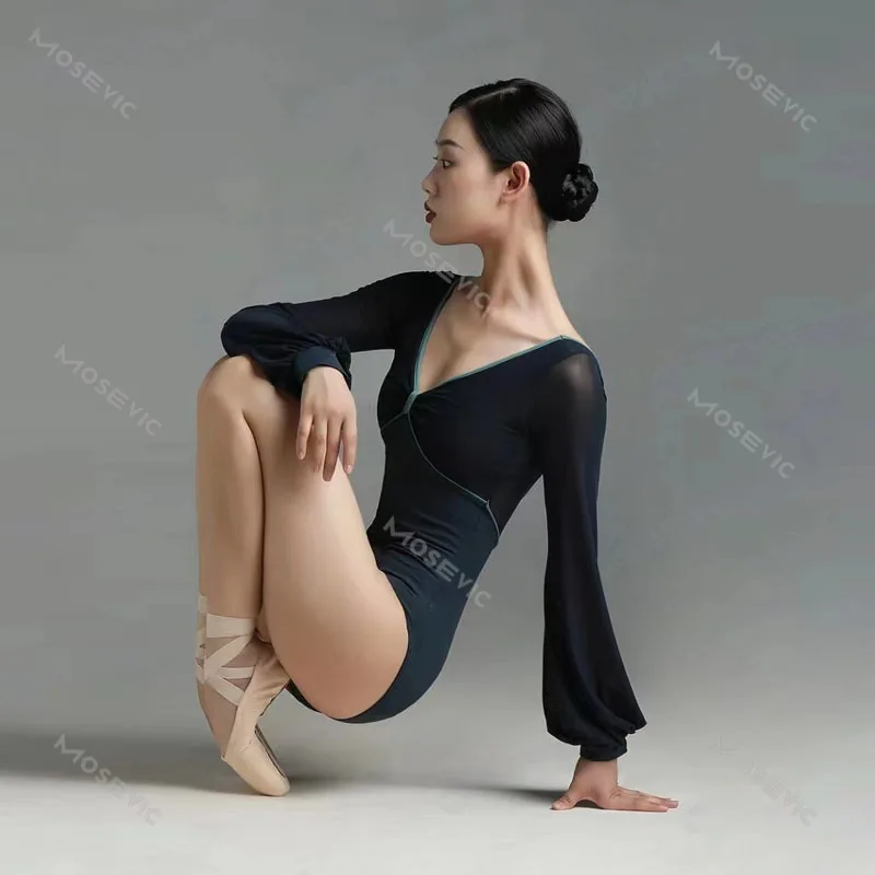 New Ballet Dresses Adult Lantern Long Sleeve Leotard V neck Bodysuit women Dance wear Sexy Gymnastics for girl