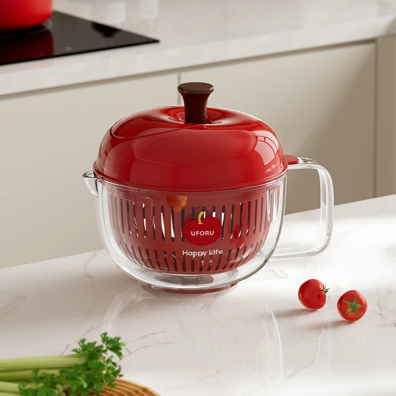 Apple Design Vegetable Washer , Double Layer Drain Basket, Manual Salad Spinner, Large Capacity Kitchen Organizer for Fruits