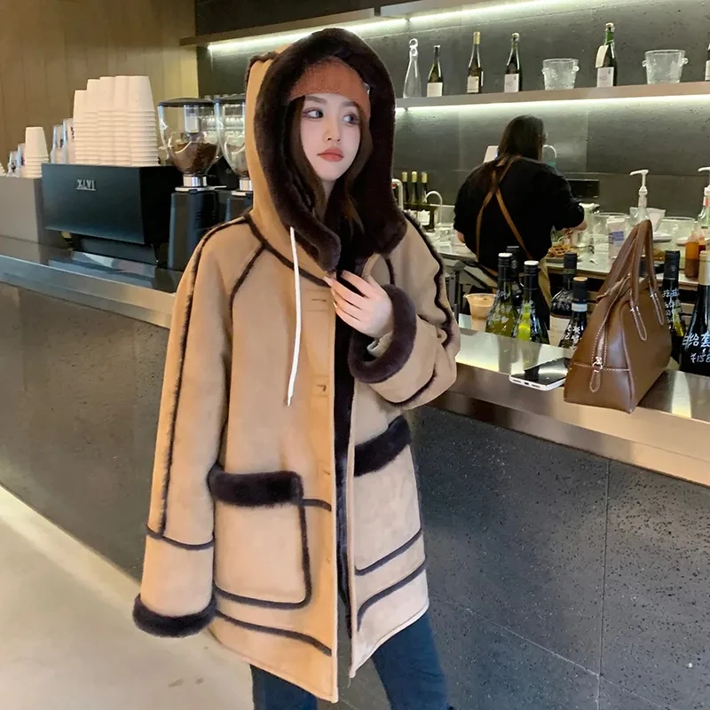 Fur Coat Ladies Winter 2023 New Lamb Add Velvet Padded Warm Autumn and Winter Loose Long Sleeved Big Pocket Splicing Hooded Coat