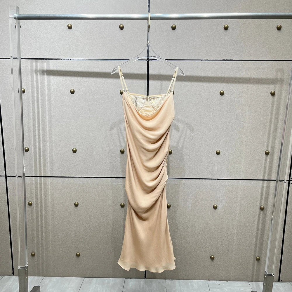Beaded Decoration Women Dress Y2k Temperament Elegant Pleated Slim Double Layers Neck Long Halter Dress 2025 Summer New