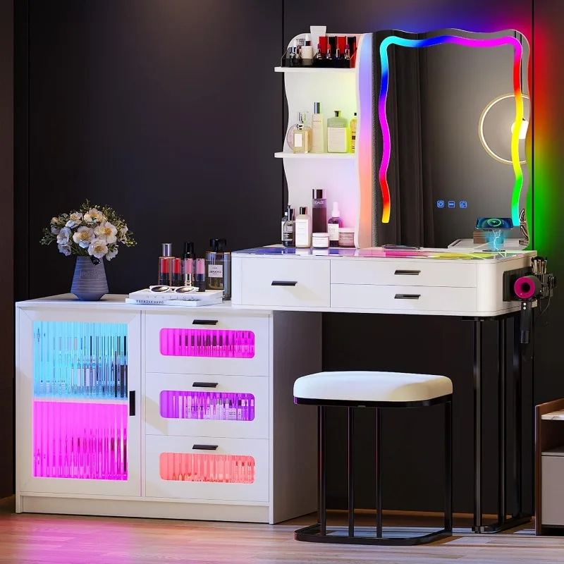 RGB Makeup Vanity Desk with Lights, Glass Top Vanity Table with 24 Color Dimmable Lights, Large Vanity Set with 8 Drawers