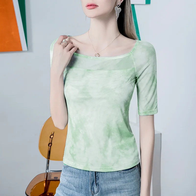 Boweylun Tie-dye Printed Square Neck Mesh Sleeve T-Shirt Women Summer Sexy Leakage Collarbone Middle Sleeve Tops Female