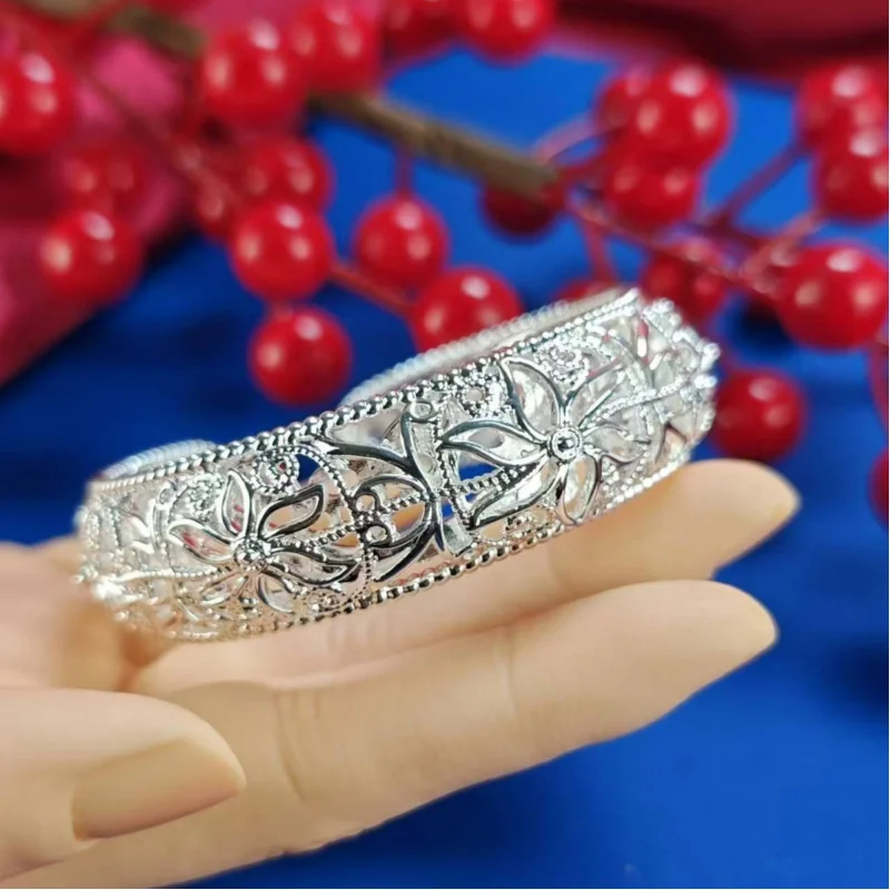 Douyin Live White Copper Plated Hollow Filigree Wide Bracelet Palace Style Cloisonné Craft Adjustable Open Bracelet