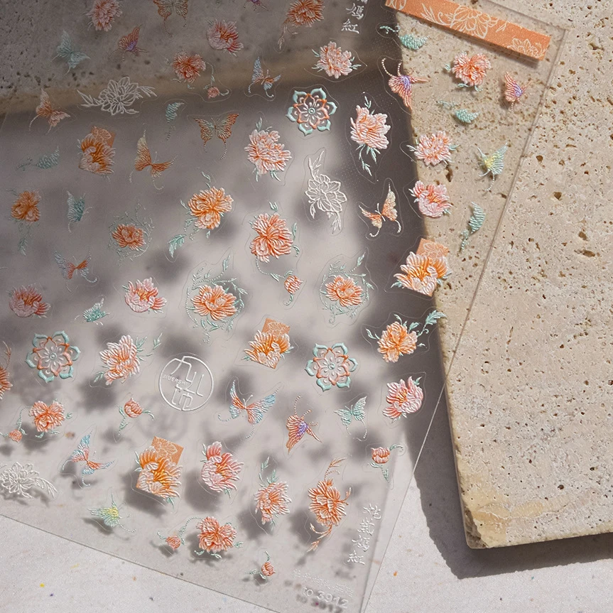 레트로 모란 나비 자수 효과 중국 꽃 왕 소프트 릴리프 양각 자기 접착제 네일 아트 스티커 매니큐어 데칼