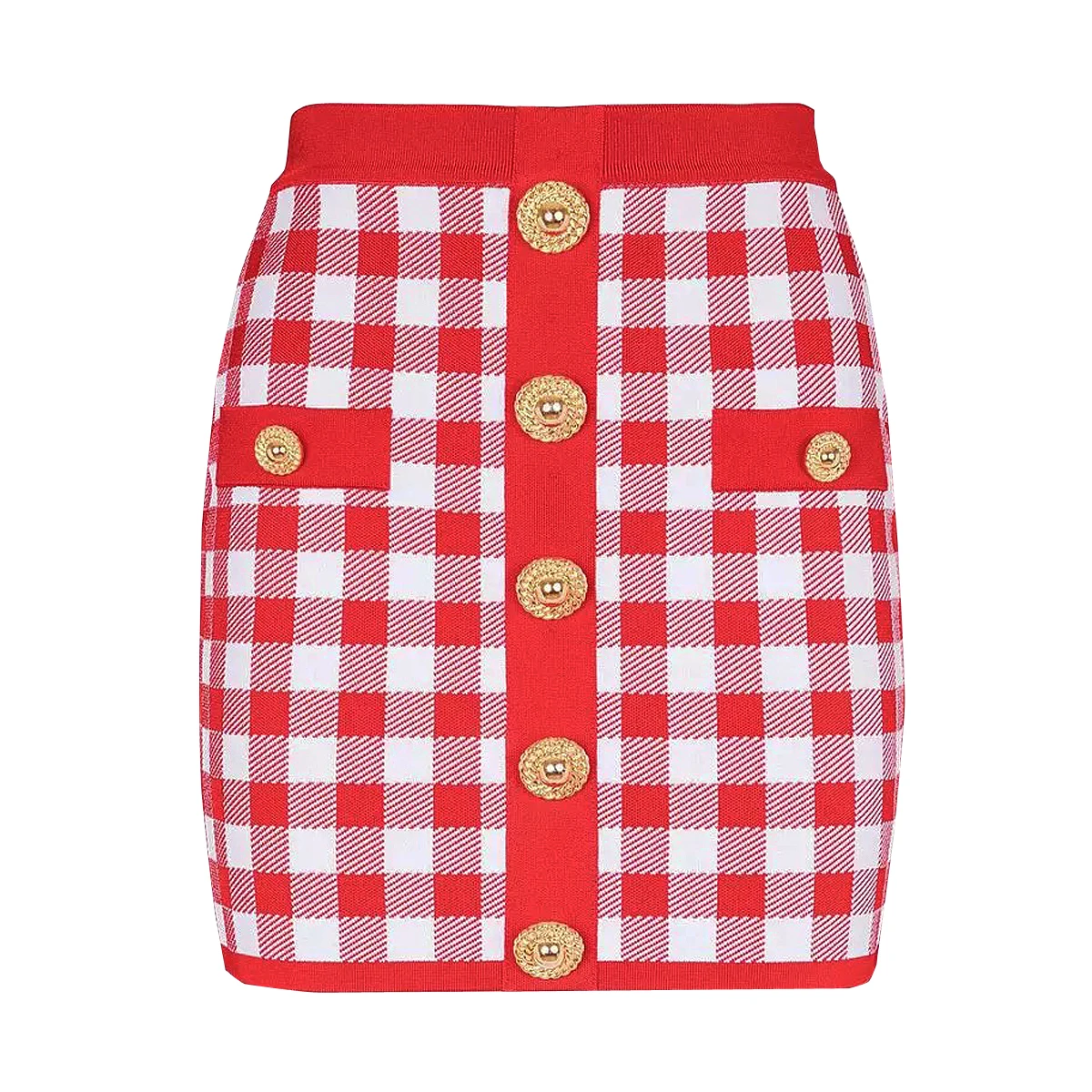 

SML Three Colors High Quality Plaid Pattern Gold Button Zipper Slim Fit Elastic Knitted Sexy Commuter Casual Women's Short Skirt