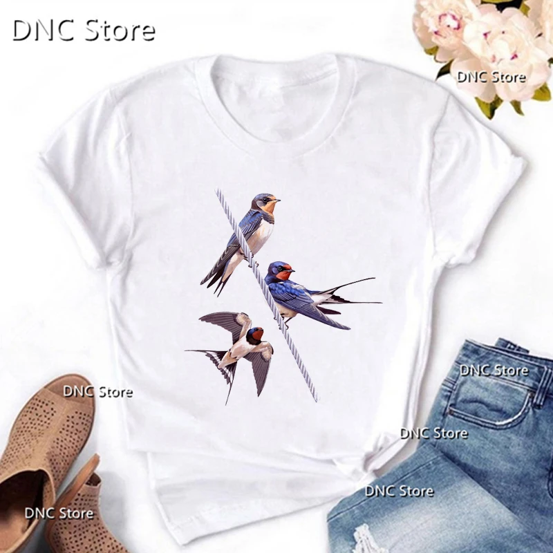 Tee Shirt Femme Funny European Goldfinch，Long Tailed Titb Bird Animal Print Tshirt Women Fashion Casual Femme Tshirt O-Neck Tops