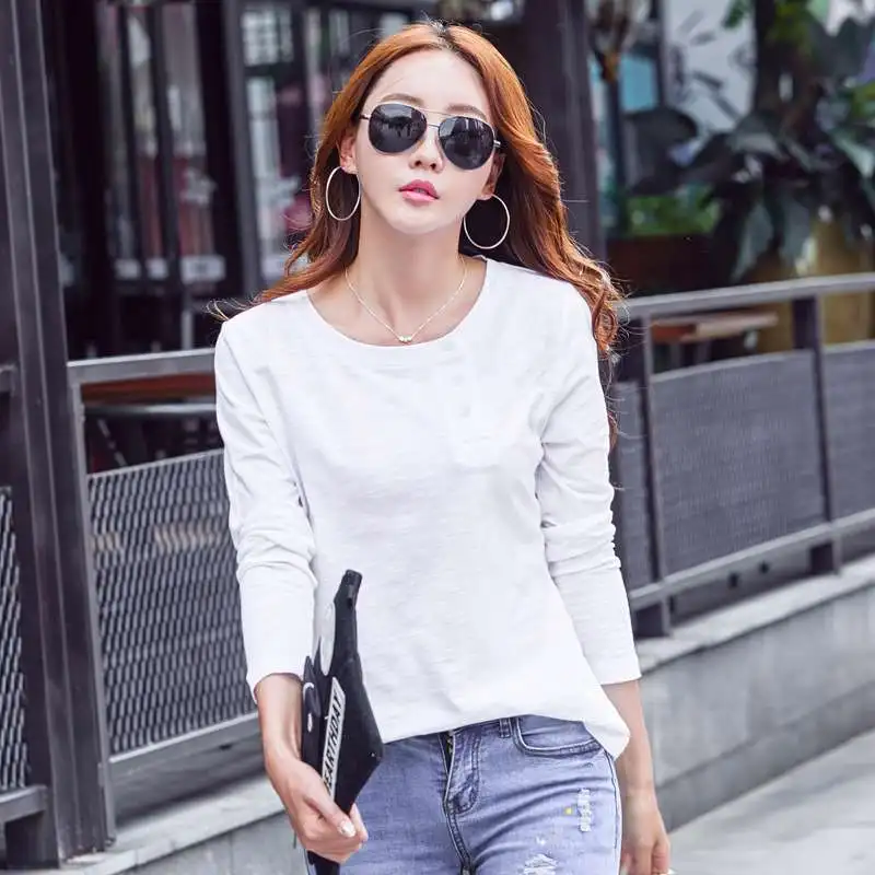 Women's Loose Slimming Long Sve T-irt Bamboo Cotton Casual round Ne Splice Pattern Spring  Faion Ladies' Tee