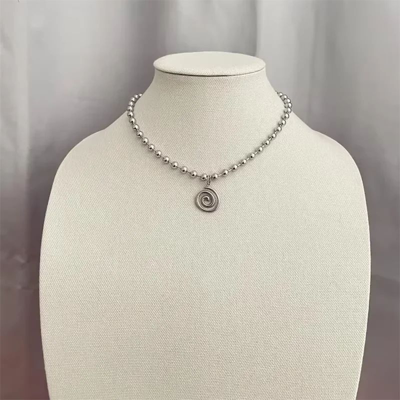 Y2K Stainless Steel Beads Chain Spiral Vortex Pendant Choker Necklace Punk Grunge Aesthetic for Women Men Punk Gothic Jewelry