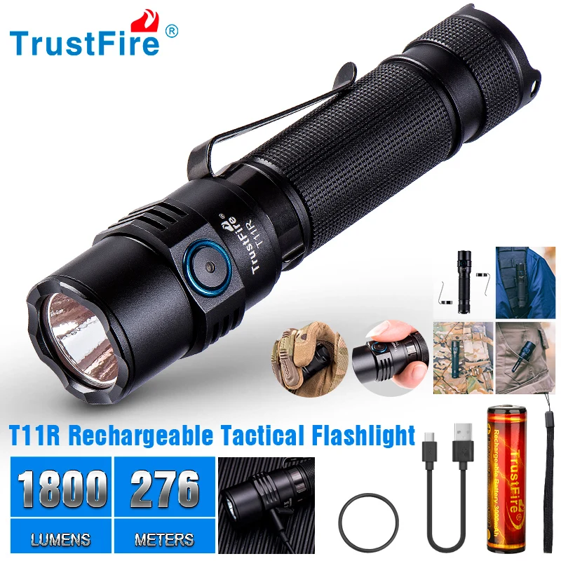 Trustfire T11R Led Tactical Flashlight Rechargeable 1800Lumen Powerful TypeC USB Torch 18650 Battery High Power Lamp Dual Switch