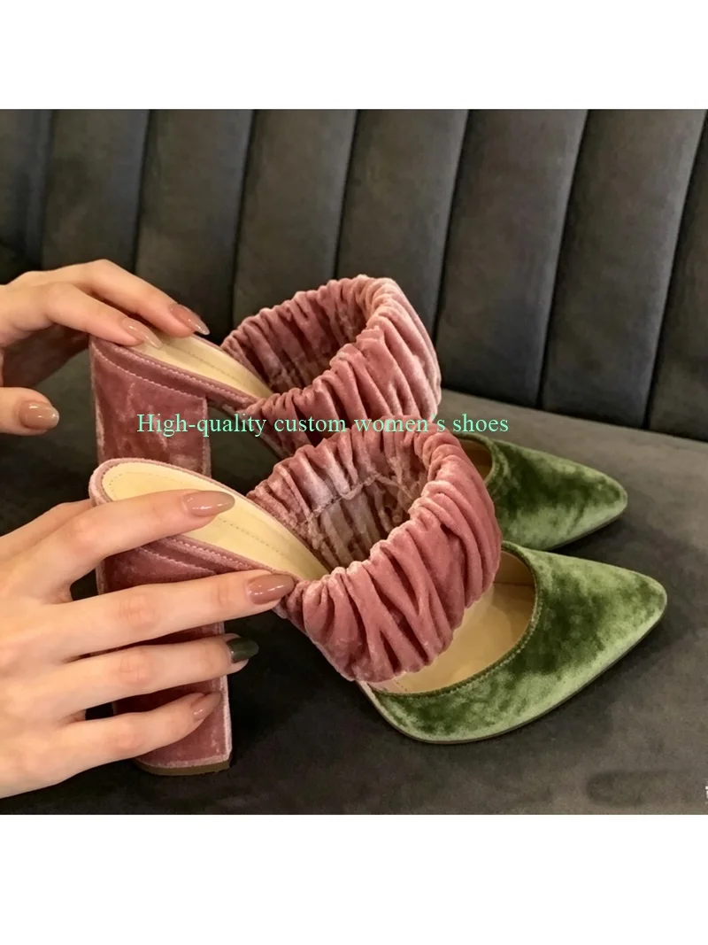 Pink Velvet Fabric Shallow High heel Elastic Band Broadband Connection  Summer Slippers Bestselling Model Luxury Women's Shoes