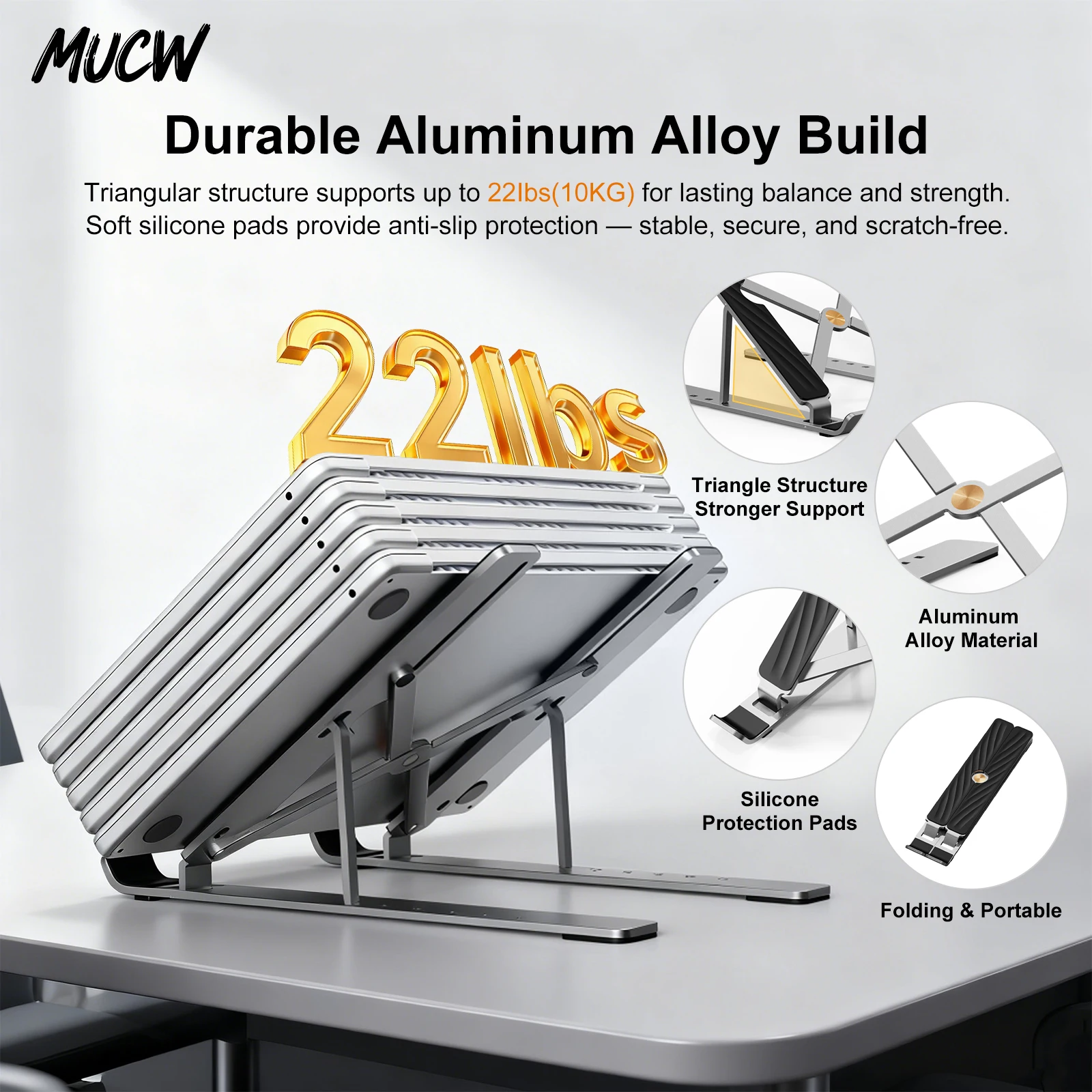 MUCW MX10 Pro Adjustable Foldable Aluminum Laptop Stand Portable Cooling Notebook Holder Multi‑Angle Riser Support For 10‑16 Inch Laptop Tablet Office Gaming Desk Accessory