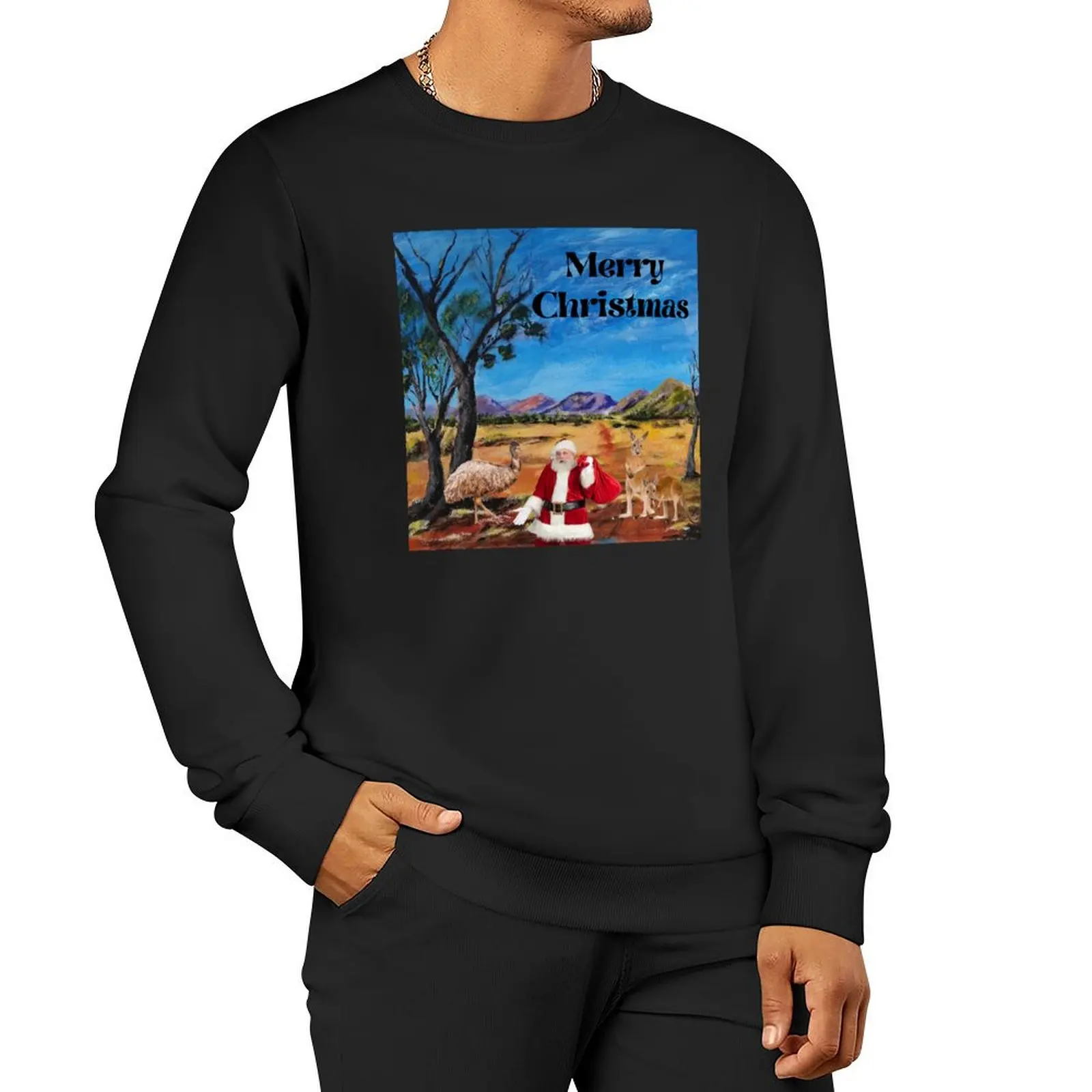 

Merry Christmas Australian Style - Original Art Christmas Design with Santa, Kangaroo and Emu Pullover Hoodie