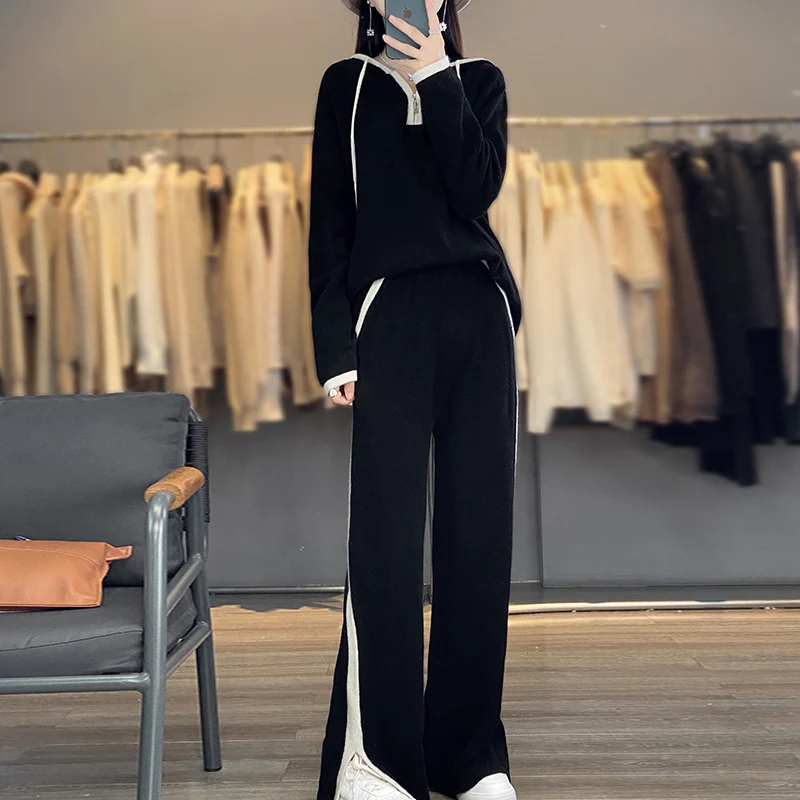 2023 Autumn/Winter New Women\'s Suit 100% Merino Wool Knit Two-Piece Set Fashion Korean Hooded Pullover High Waist Wide Leg Pants