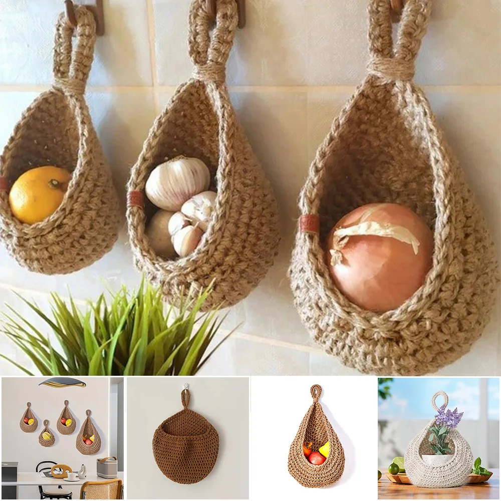 

1pc Wall Vegetable Storage Fruit Basket Birdhouse Wall Hanging Teardrop Mesh Pocket Handmade Cotton Rope Braided Wall Hanging