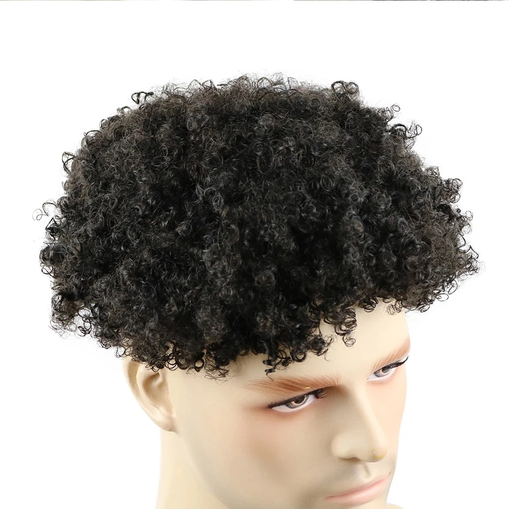 Rambut Palsu Pria Natural Hairline Afo Kinky Curly Toupee dari Rambut Manusia India Asli, Sistem Prostesis Tahan Lama dengan Basis PU Full Skin