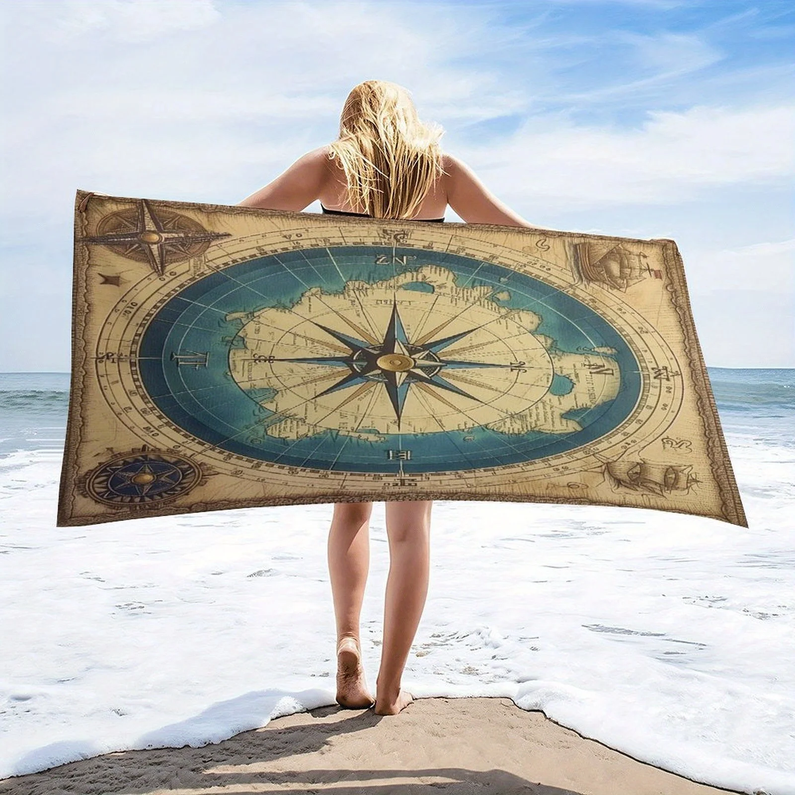 Vintage Compass & World Map Print Beach Towel - Super Absorbent Quick-Dry Microfiber, Lightweight Large Bath Towel for Beach