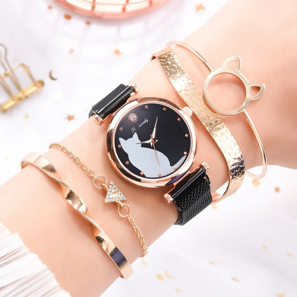 5 unids/set de relojes para Mujer, conjunto de pulsera de oro rosa, Reloj magnético con patrón de gato, pulsera para Mujer, relojes de pulsera, Reloj de cuarzo para Mujer