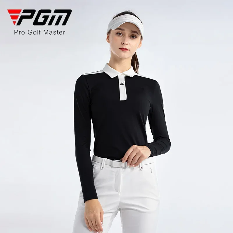 PGM Women Patchwork Slim Golf T-shirt Lady Long Sleeve Sport Tops Women Elastic Turn Down Collar Shirt Autumn Spring Golf Wear