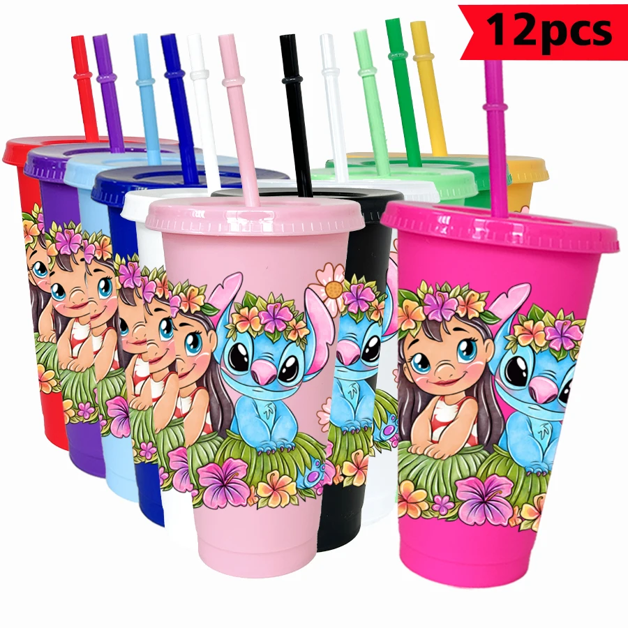 

12 шт./упак. Disney Stitch Flowers 26 унций цветной пластиковый стакан для дня рождения, питьевая посуда, кружка для сока, кофе