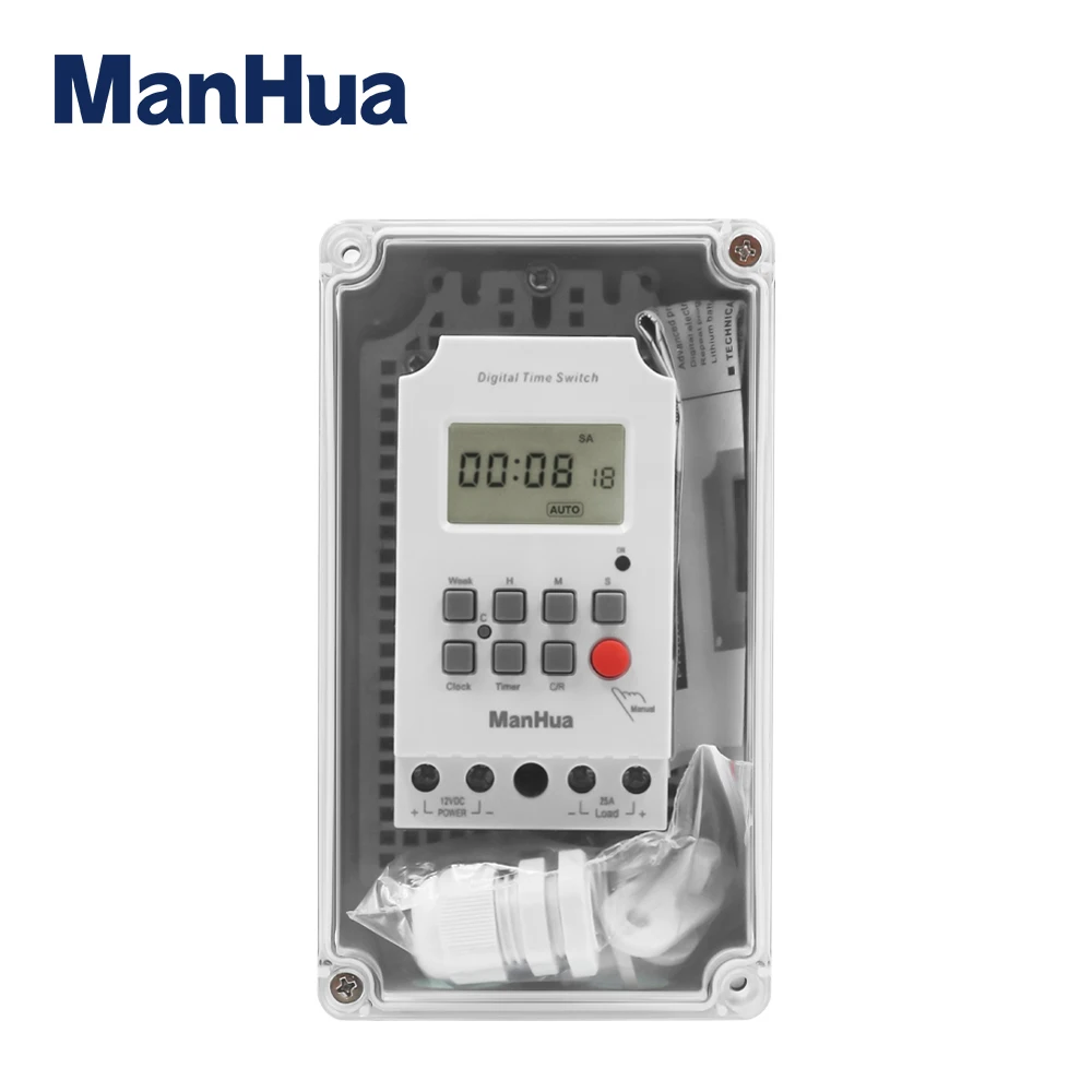 

ManHua Rain-Proof Digital Timer 12VDC 25A MT316SE With Waterproof Box Transparent Cover For Outdoor Timer Switch