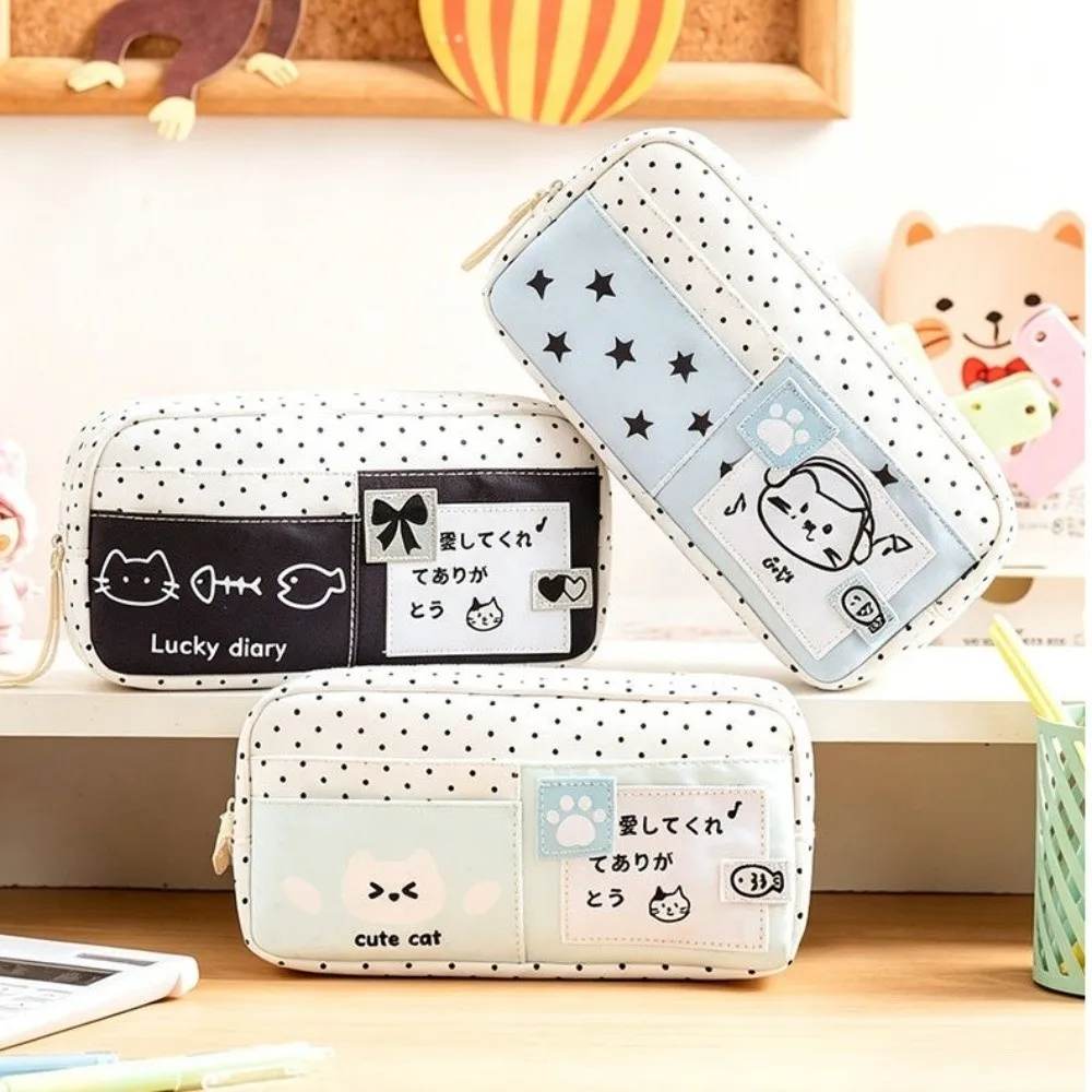 Stationery Organizer Cat Pattern Pencil Case Blue Polka Dot Multi-Layer Pencil Bag Cute Large Capacity Stationery Bag Office