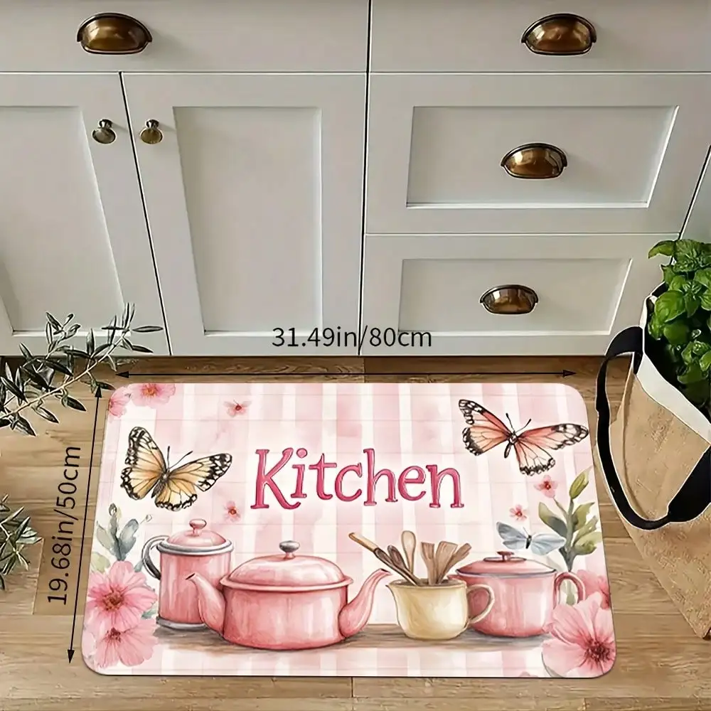 Pink Kitchen Door Mat - Butterfly & Flower Pattern Rug with Cookware Non-Slip Entrance Mat for Home Vintage Decor Multiple Sizes