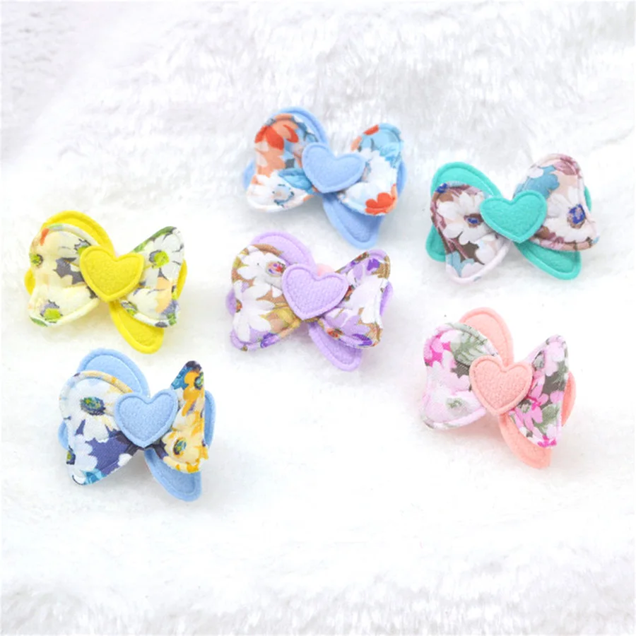 20Pcs/Lot 3*4CM Print Flower Fabric Bow Padded Appliques For DIY Handmade Children Hair Clip Accessories Clothes Patches New