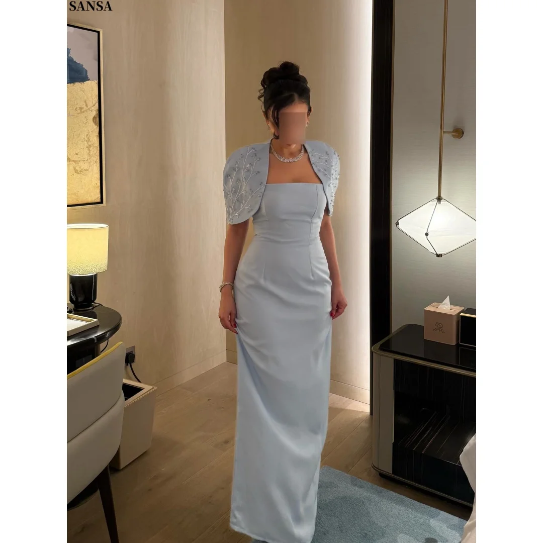 

Sansa Customized Elegant Baby Blue Prom Dresses Ruffled Bell Sleeves vestidos de noche Crystal Floral Pin Column Formal Evening