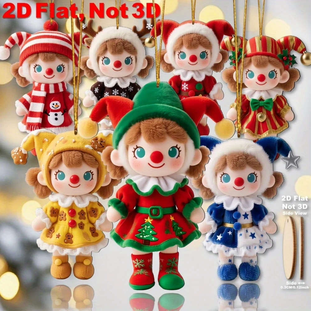 12 bunte Weihnachts-Plüschpuppen-Dekorationen – 2D-gedruckte Holzanhänger für den Innenhof und Weihnachten, Geburtstagsparty-Dekorationen
