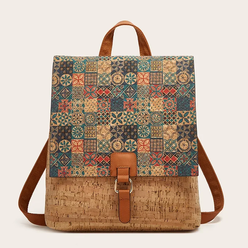 Fashionable Retro Printed Bark Flap Backpack Women's Large Capacity Backpack