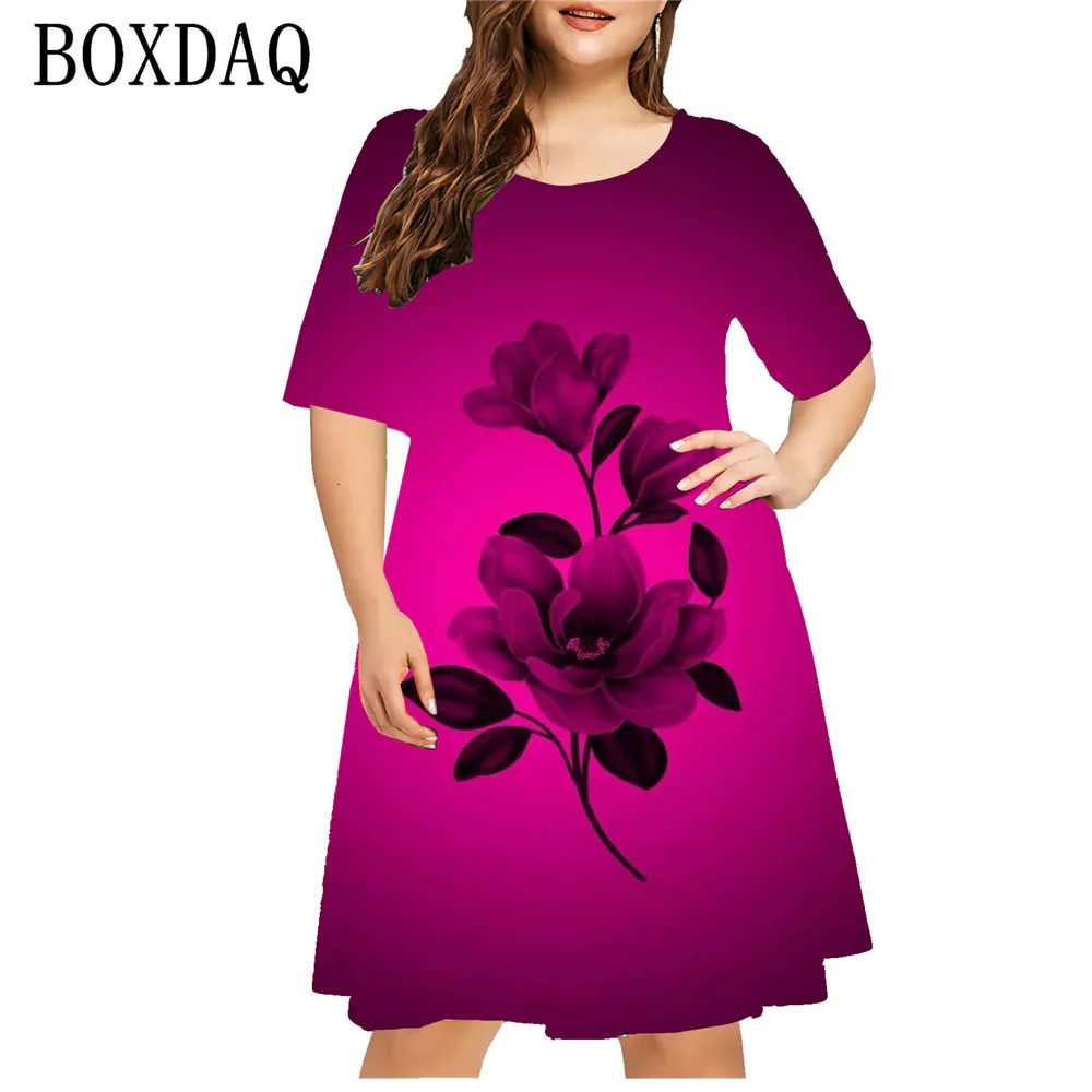 Damen Sommerkleider große Blume 3d gedruckt Kurzarm Kleid lässig Farbverlauf Pullover Damen plus Größe Kleidung 5xl 6xl