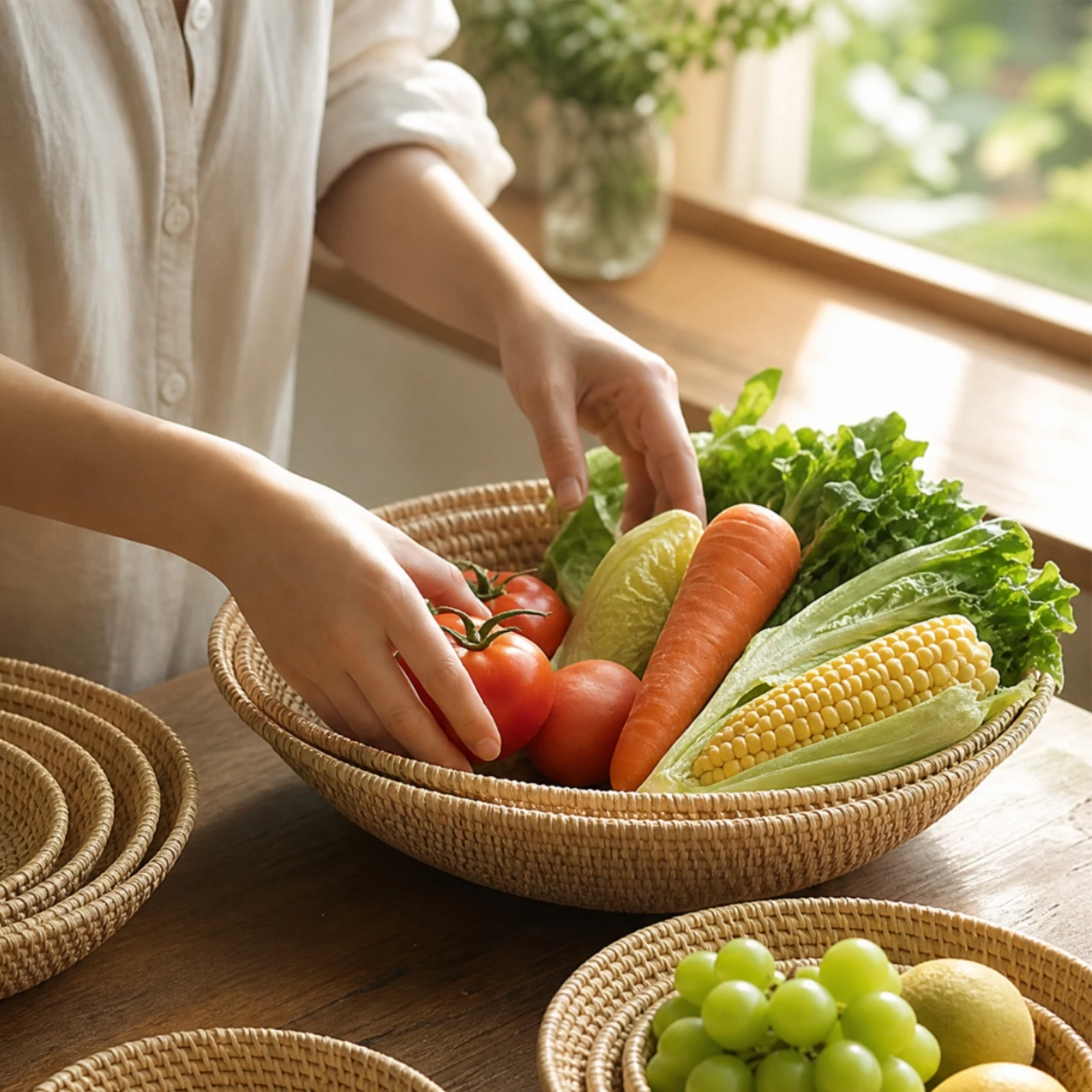 6 Pieces Hand-Woven Bamboo Basket Breathable Shallow Woven Basket with Reinforced Rim Natural Sturdy for Countertop Home Storage