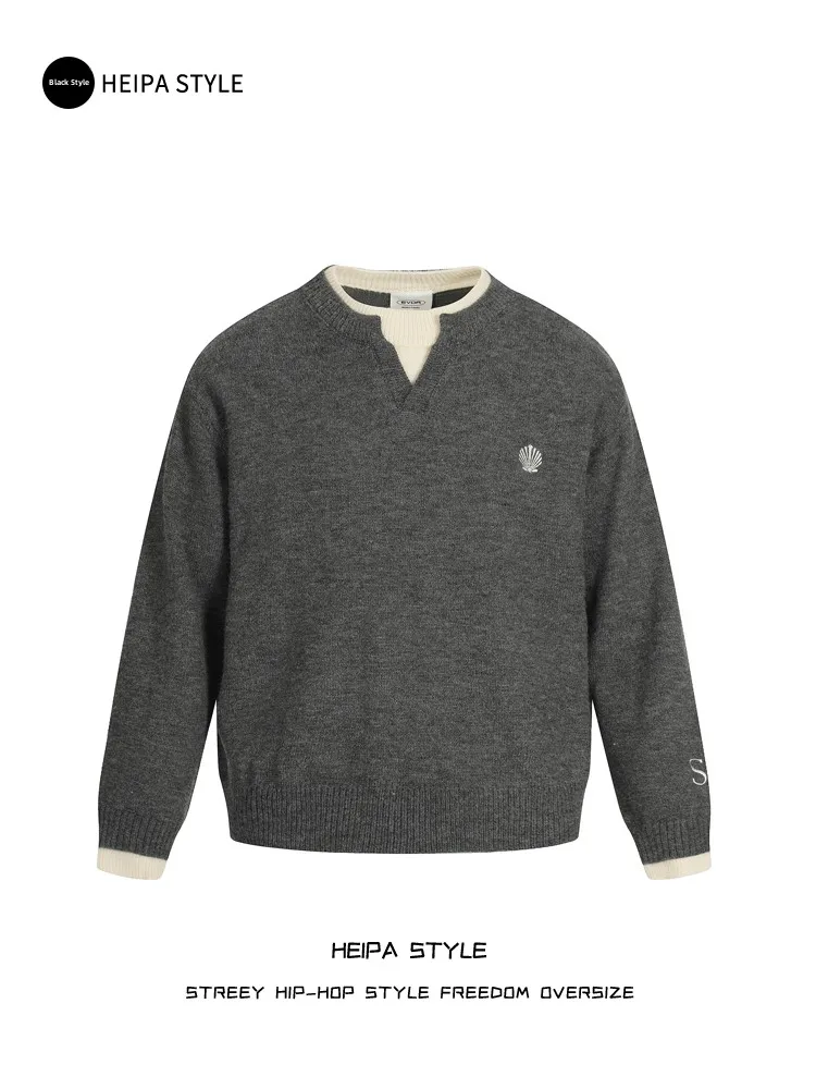 

Retro American Color Blo V Ne Sweater Loose Design Embroidered Warm Knitted Top for Men And Women Autumn Winter Faion