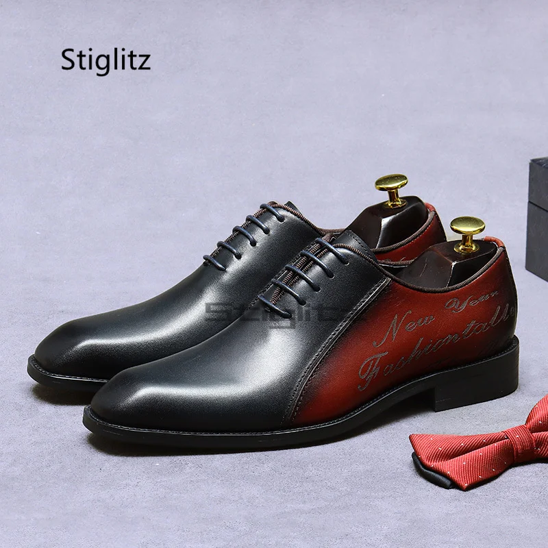 

Letter Real Grain Leather Shoes for Men Handmade Lace-Up Office Shoes Mixed Colors Vintage Design Dress Formal Business Shoes