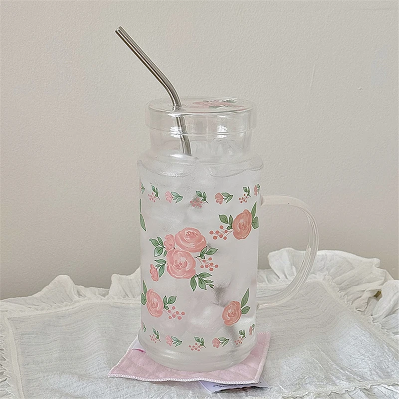 French Style Glass Suction Tube Cup Elegant Pink Rose Large Capacity Juice Drink Cup Girl Outdoor Office Cold Summer Drinks Cup