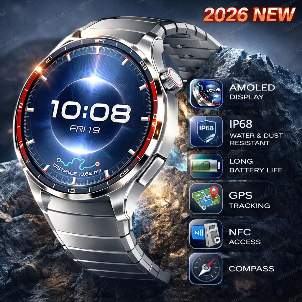 

Новые смарт-часы 2026 года с GPS для мужчин, AMOLED-экран 1,53 дюйма, водонепроницаемость IP68, NFC, компас, Bluetooth-звонки, спортивный смарт-браслет для женщин, Android/iOS