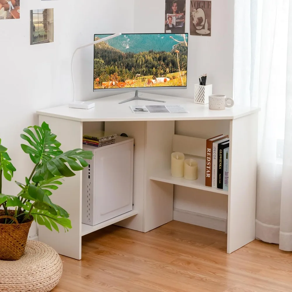 White Corner Desk - 90 Degrees Triangle for Computer, Small Space, Bedroom, Makeup Vanity Desk with Storage Shelves