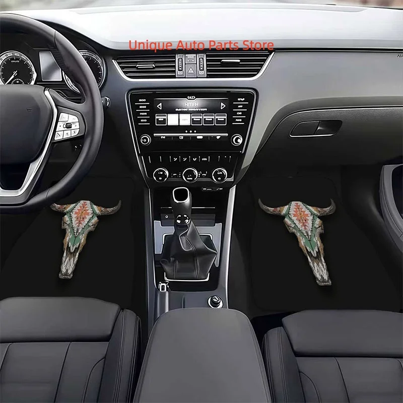4pcs Car Floor Mats and Trunk Mat, Multiple Sizes Available, Stylized Bull Skull Design, Material, Suitable for Trucks