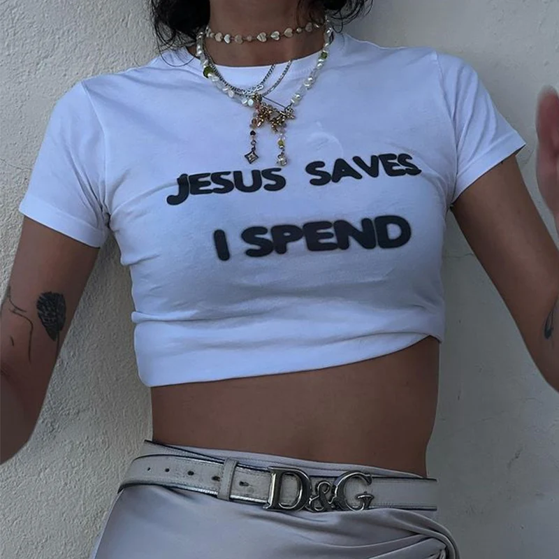 Jesus Letter Artistic Street Baby tees Harajuku short sleeved T-shirt Skinny Crop tops Vintage Women Sexy Summer Cropped Tops