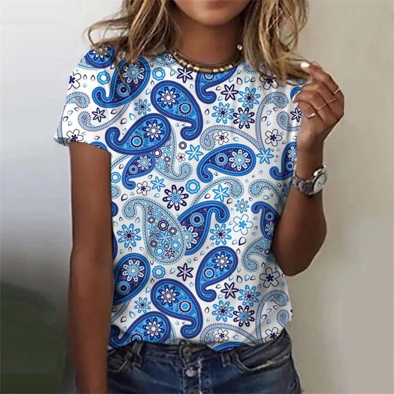 Camiseta feminina estampada com flores polinésias 3D, gola redonda, manga curta, camiseta feminina bonita, moda verão, rua, novo